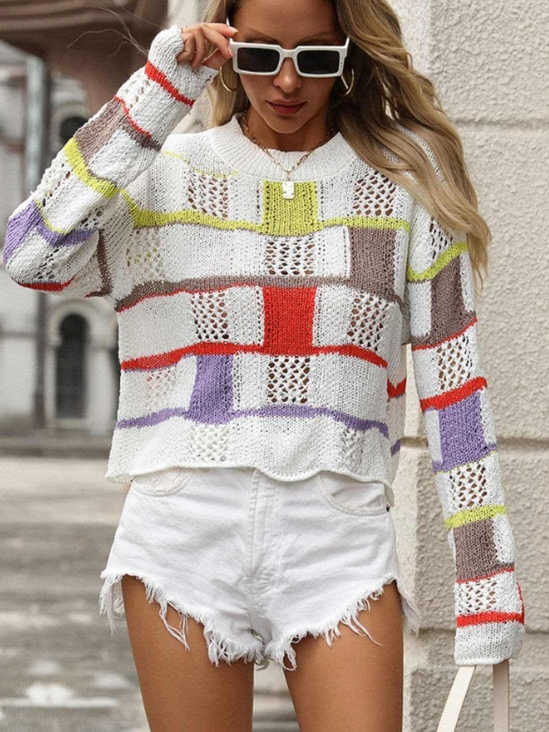 Colorful crochet round neck pullover - Love Salve